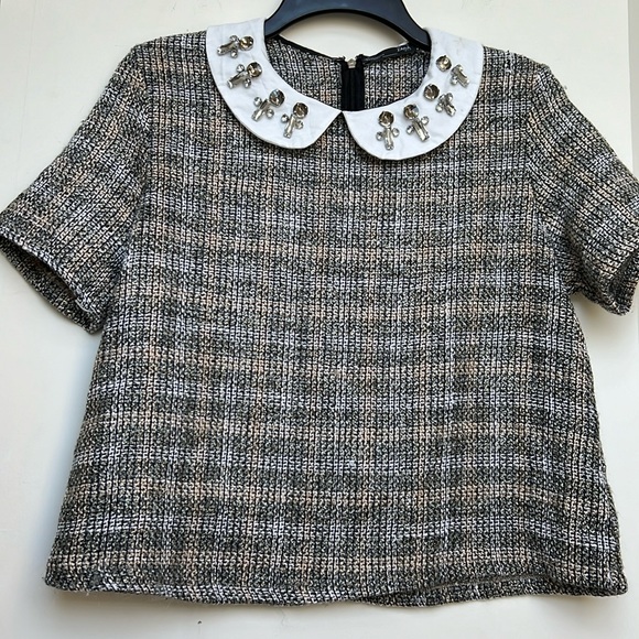 Zara Tops - Zara Bejeweled Collared Tweed Top